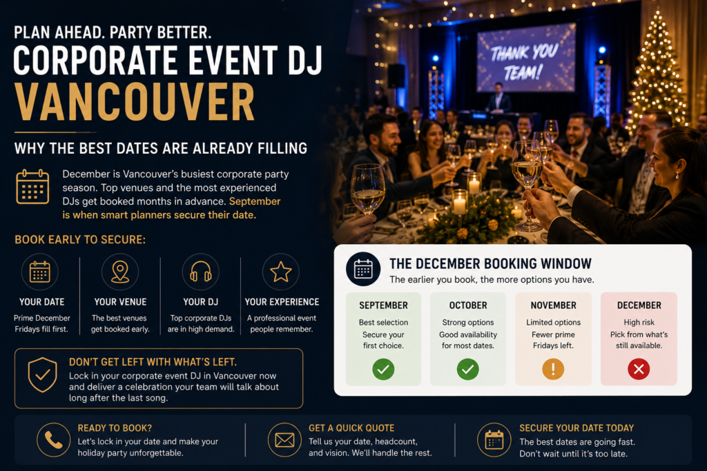Corporate Holiday Party DJ Vancouver: Why the Best Dates Are Already Filling 9 Corporate event DJ Vancouver