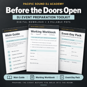 Before the Doors Open — DJ Event Preparation Toolkit digital download with guide, workbook, and event-day pack for DJs
