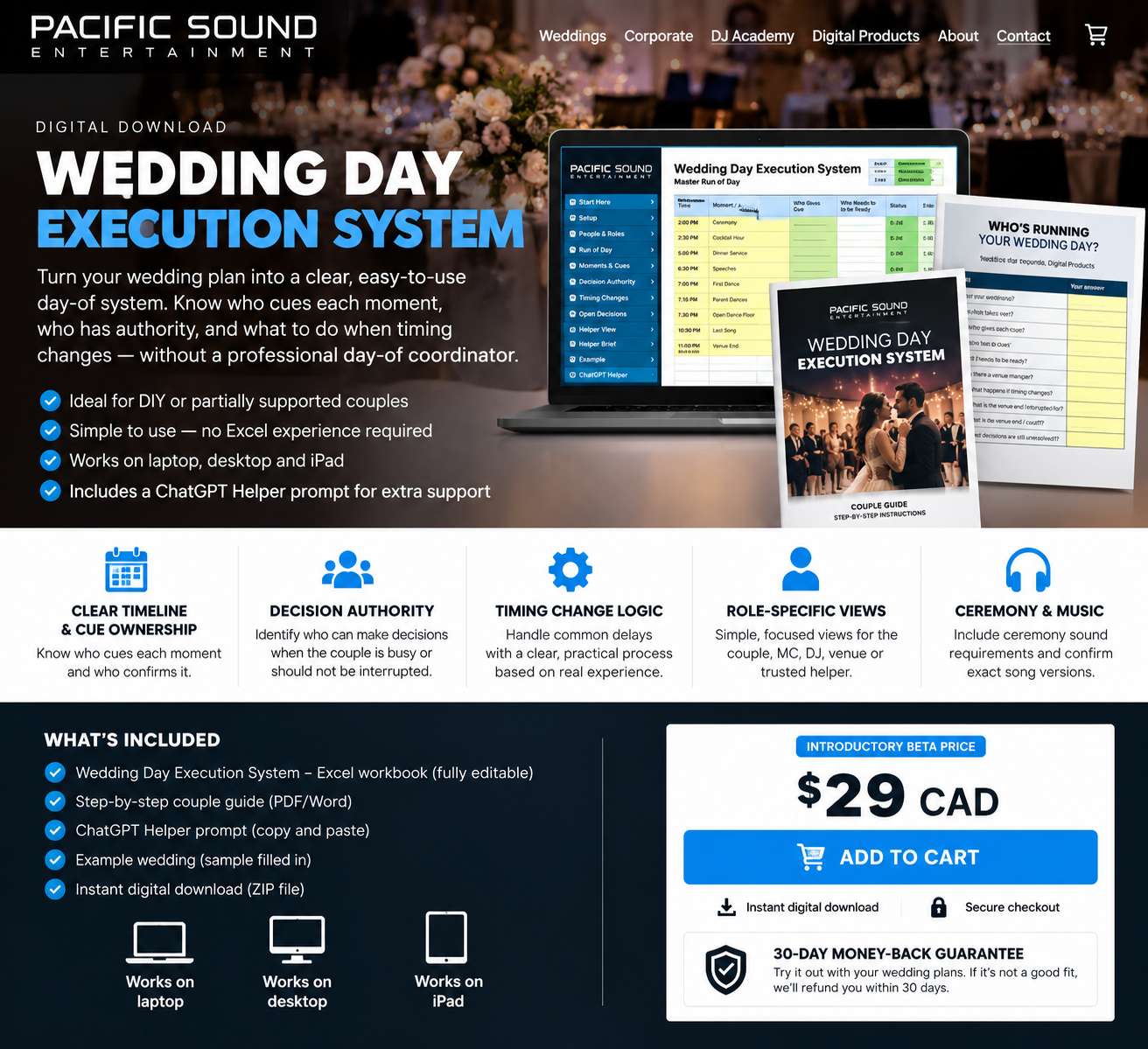 Wedding Day Execution System 1 Pacific Sound Wedding Day Execution System digital planning workbook and guide for couples managing their wedding day without a professional coordinator.